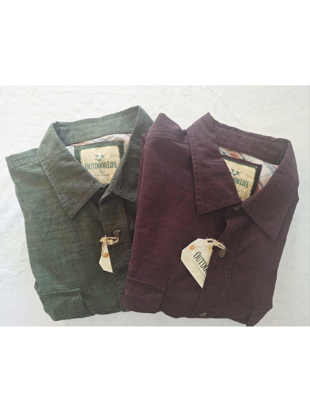 Outdoor Life Slub Canvas Long Sleeve Shirts Lot of 2 Wine/Golden Green Men's XL
